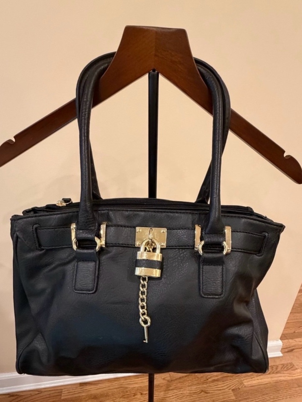 Apt. 9 Black Leather Tote with Gold Padlock Accent
